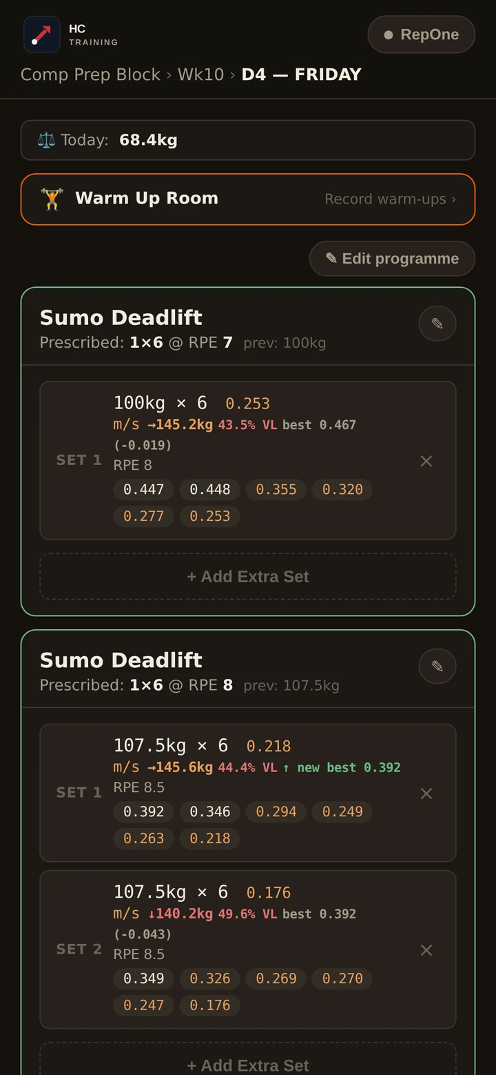Athlete app session screen showing logged deadlift sets with bar speed for every rep, velocity loss and estimated one rep max